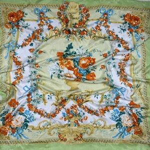 Elegant Floral Silk Scarf with Orange and Green Hues